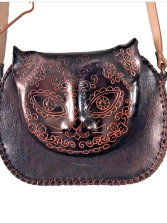 Leather Cat Face Crossbody Bag Hand Tooled Embossed Black Boho Whipstitch - Picture 3 of 14